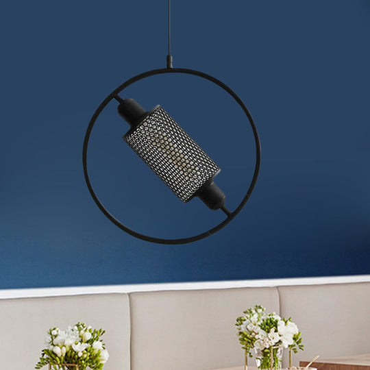 Colonial Cylinder Metal Mesh Pendant Lamp - 1 Bulb Hanging Ceiling Light (14/18) Black/Gold With