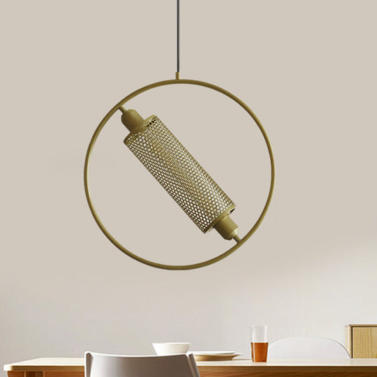 Colonial Cylinder Metal Mesh Pendant Lamp - 1 Bulb Hanging Ceiling Light (14/18) Black/Gold With