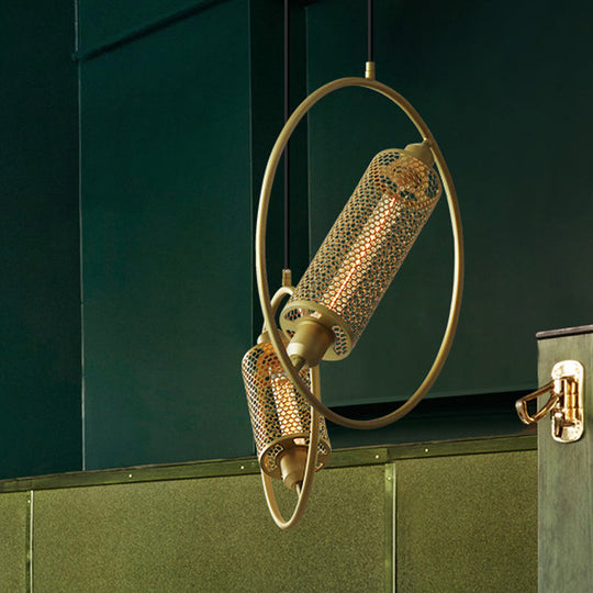 Colonial Cylinder Metal Mesh Pendant Lamp - 1 Bulb Hanging Ceiling Light (14/18) Black/Gold With