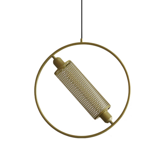 Colonial Cylinder Metal Mesh Pendant Lamp - 1 Bulb Hanging Ceiling Light (14/18) Black/Gold With