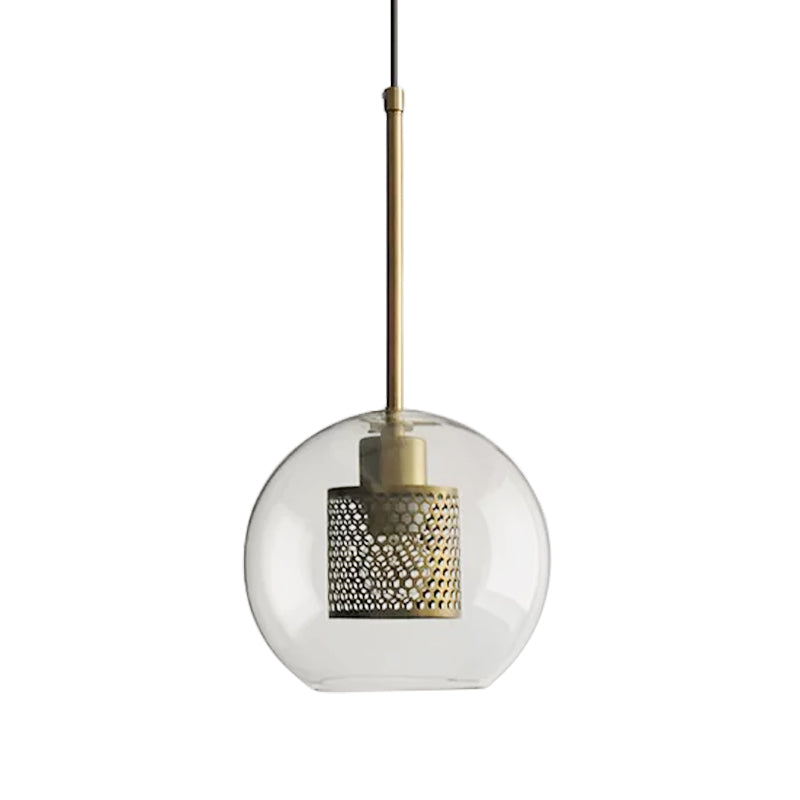 Cylindrical Colonial Metal Mesh Bedroom Pendant Light With Clear Glass Shade Bronze/Silver Gray