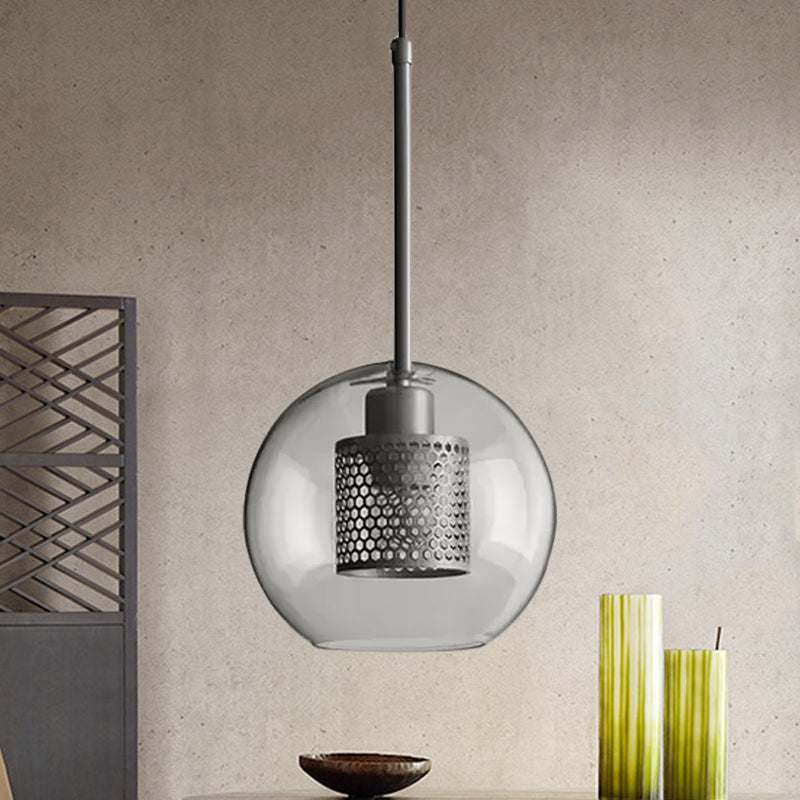 Cylindrical Colonial Metal Mesh Bedroom Pendant Light With Clear Glass Shade Bronze/Silver Gray