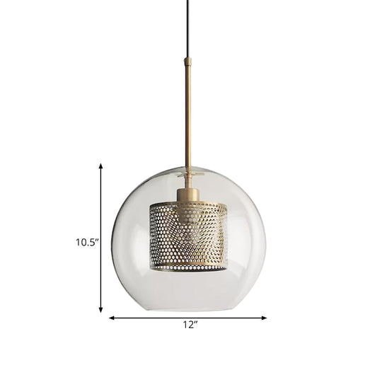 Cylindrical Colonial Metal Mesh Bedroom Pendant Light With Clear Glass Shade Bronze/Silver Gray