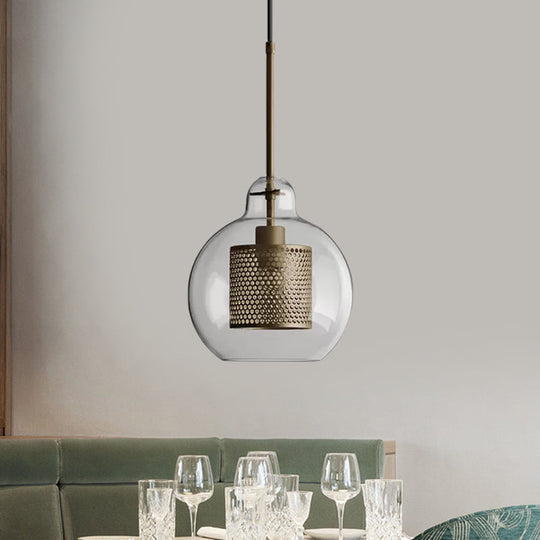 Clear Glass Globe Pendant Colonial 1 Head Restaurant Down Lighting - Bronze/Silver Gray With Metal