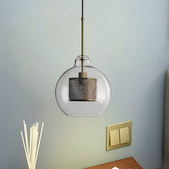 Clear Glass Globe Pendant Colonial 1 Head Restaurant Down Lighting - Bronze/Silver Gray With Metal