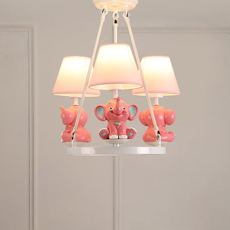 Pink Resin Elephant Chandelier With Conical Fabric Shade - Kids 3-Head Pendant Lamp