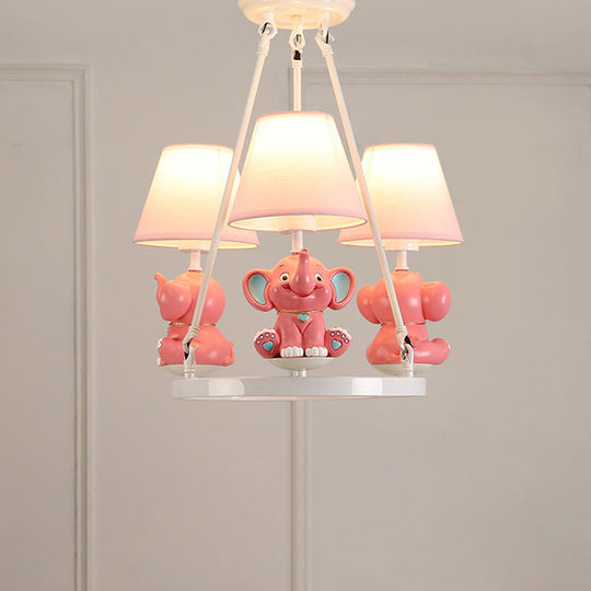 Pink Resin Elephant Chandelier With Conical Fabric Shade - Kids 3-Head Pendant Lamp