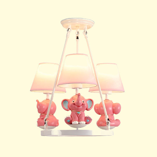 Pink Resin Elephant Chandelier With Conical Fabric Shade - Kids 3-Head Pendant Lamp