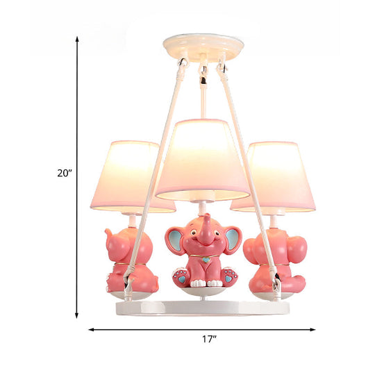 Pink Resin Elephant Chandelier With Conical Fabric Shade - Kids 3-Head Pendant Lamp