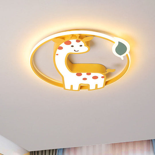 Giraffe Kids Ceiling Light Fixture - Iron Frame Led Yellow Flush Mount For Childrens Bedroom