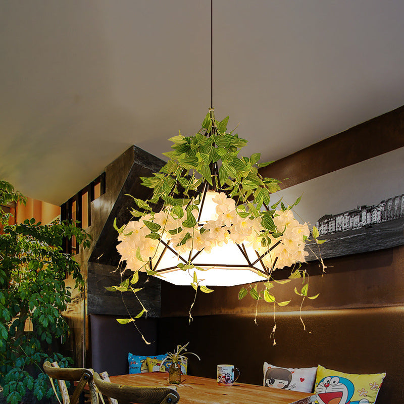 Industrial Iron Diamond Cage Pendant Ceiling Lamp with Cherry Blossom Decor - White/Pink, 10"/15"/18" Wide