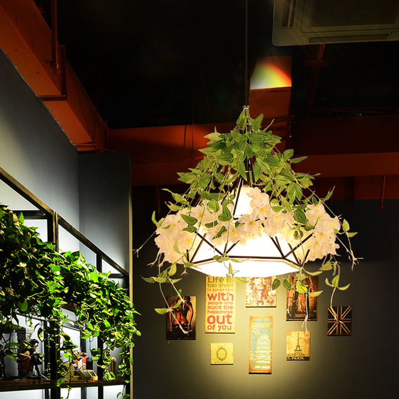 Industrial Iron Diamond Cage Drop Pendant With Cherry Blossom Decor - White/Pink 10/15/18 Wide White