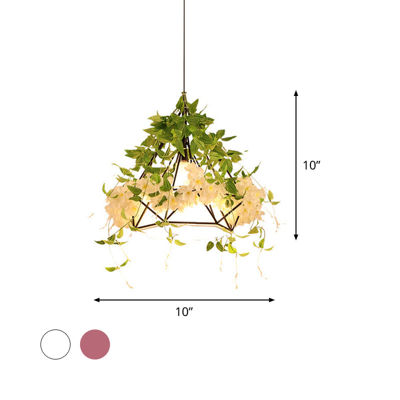 Industrial Iron Diamond Cage Pendant Ceiling Lamp with Cherry Blossom Decor - White/Pink, 10"/15"/18" Wide