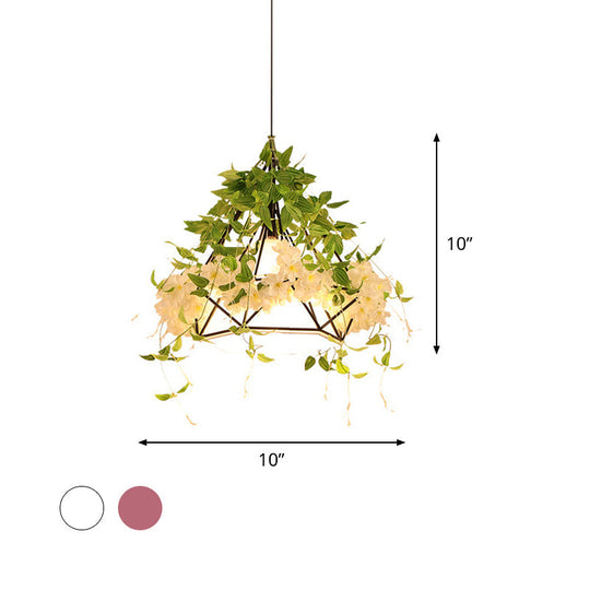 Industrial Iron Diamond Cage Pendant Ceiling Lamp with Cherry Blossom Decor - White/Pink, 10"/15"/18" Wide