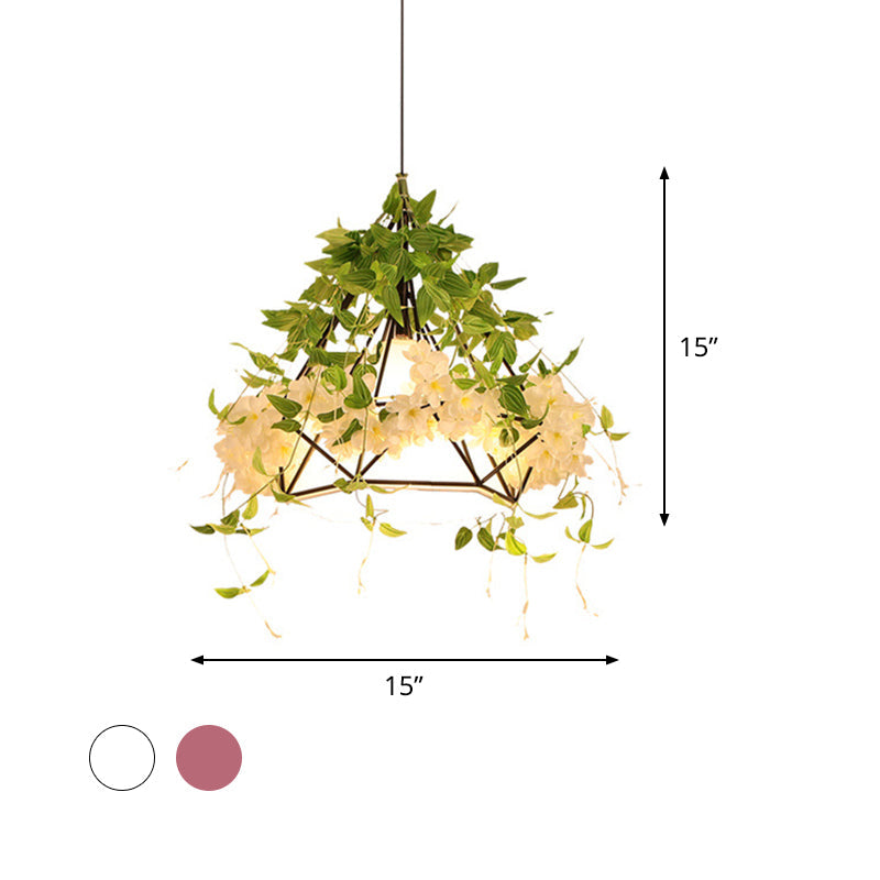 Industrial Iron Diamond Cage Pendant Ceiling Lamp with Cherry Blossom Decor - White/Pink, 10"/15"/18" Wide