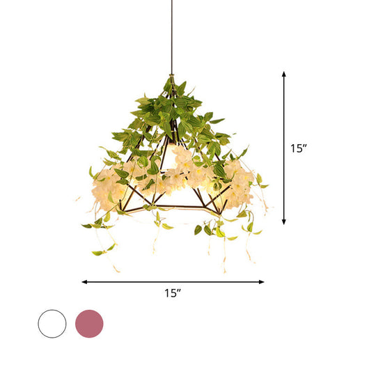 Industrial Iron Diamond Cage Pendant Ceiling Lamp with Cherry Blossom Decor - White/Pink, 10"/15"/18" Wide