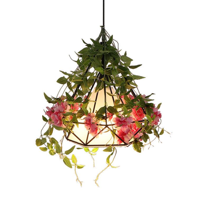 Industrial Iron Diamond Cage Pendant Ceiling Lamp with Cherry Blossom Decor - White/Pink, 10"/15"/18" Wide