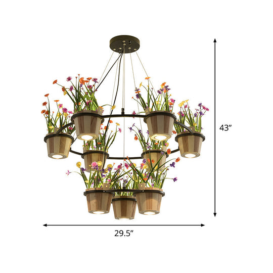 Industrial Wooden Ceiling Chandelier - Round Pendant with Potted Plant in Black, 3/6/9 Lights