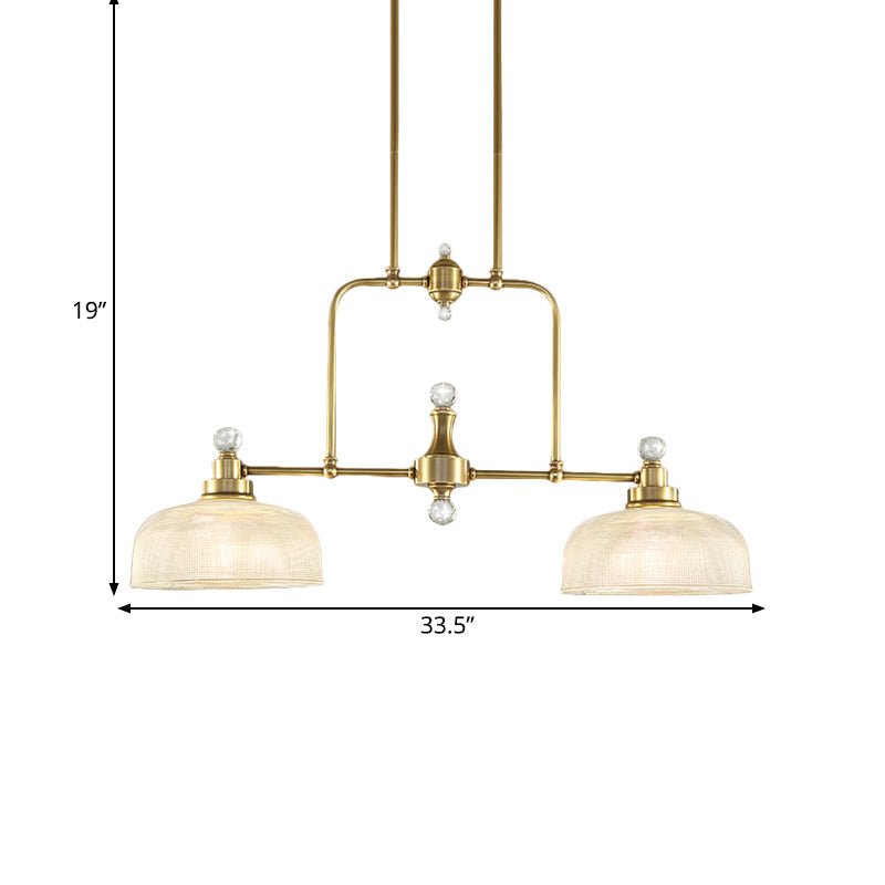Country Style Gold Island Pendant With Clear Prismatic Glass And 2 Bulbs - Metal Hanging Light Kit