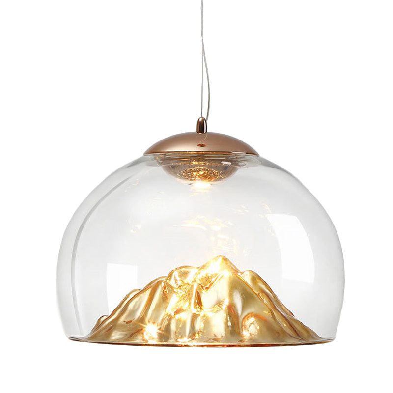Modern Gold LED Pendant Light with Clear Glass Hemisphere and Lava Bottom, Warm/White Light