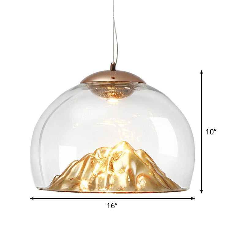 Modern Gold LED Pendant Light with Clear Glass Hemisphere and Lava Bottom, Warm/White Light