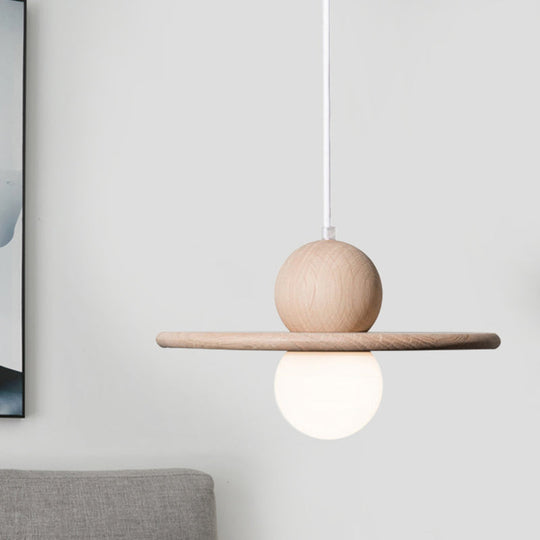 Lampe à suspension minimaliste en bois - Lampe à tête unique beige pour salle à manger