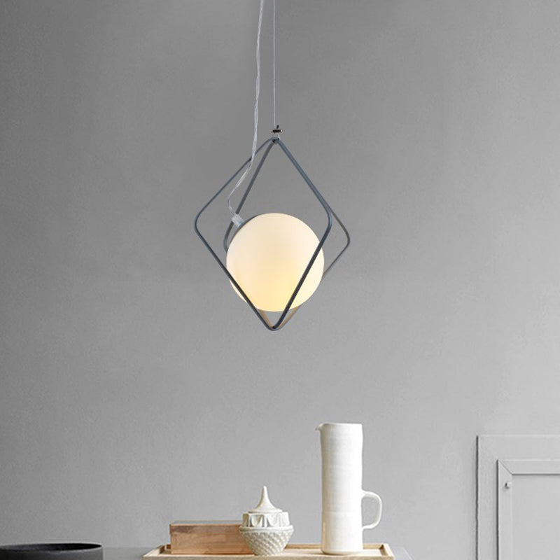 Minimalist Green/Grey Rhombus Cage Pendant Light with Milk Glass Shade - Single Head Iron Hanging Lamp Kit
