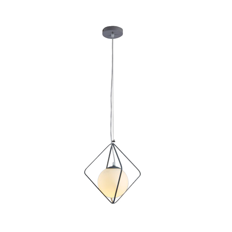 Minimalist Green/Grey Rhombus Cage Pendant Light with Milk Glass Shade - Single Head Iron Hanging Lamp Kit