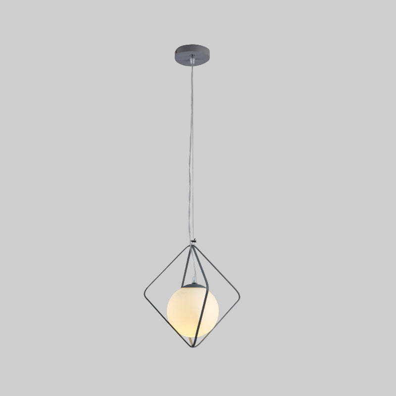 Minimalist Green/Grey Rhombus Cage Pendant Light with Milk Glass Shade - Single Head Iron Hanging Lamp Kit