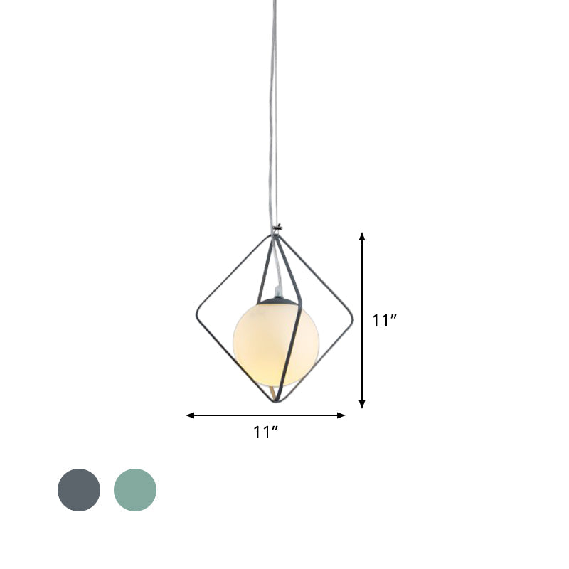 Minimalist Green/Grey Rhombus Cage Pendant Light With Milk Glass Ball Shade Inside