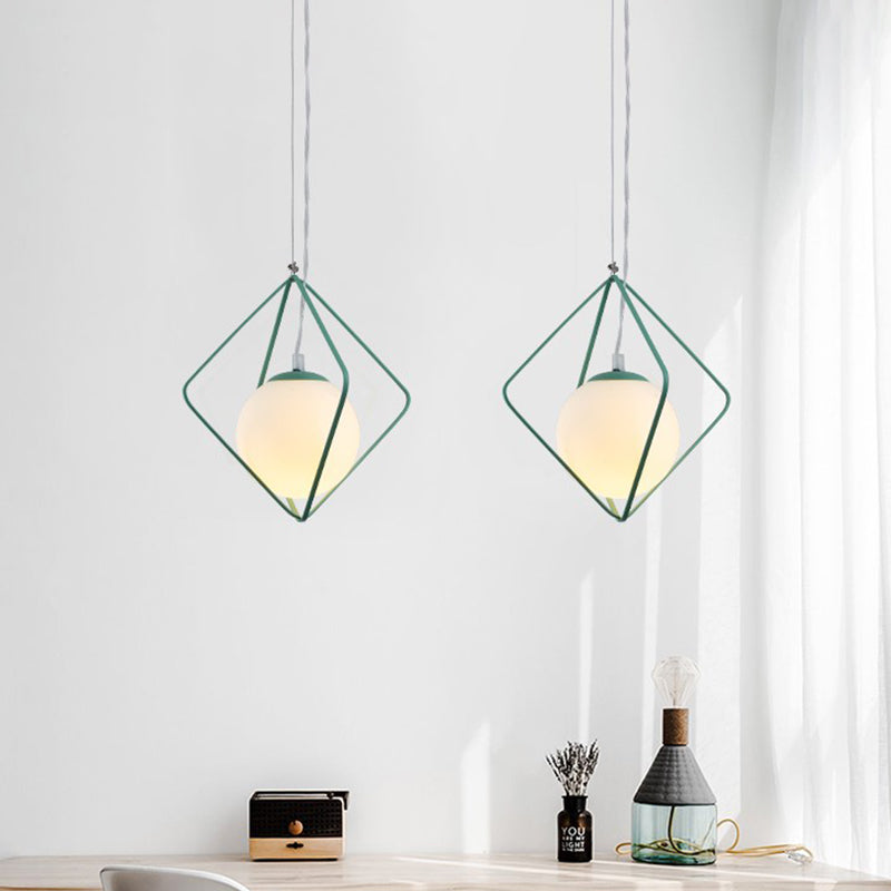 Minimalist Green/Grey Rhombus Cage Pendant Light With Milk Glass Ball Shade Inside Green