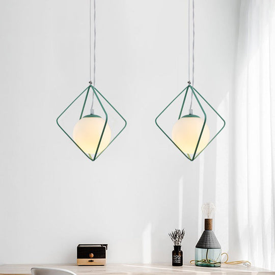 Minimalist Green/Grey Rhombus Cage Pendant Light With Milk Glass Ball Shade Inside Green