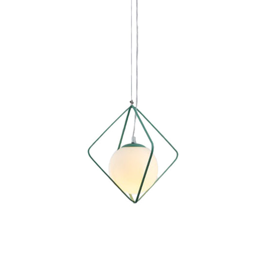 Minimalist Green/Grey Rhombus Cage Pendant Light With Milk Glass Ball Shade Inside