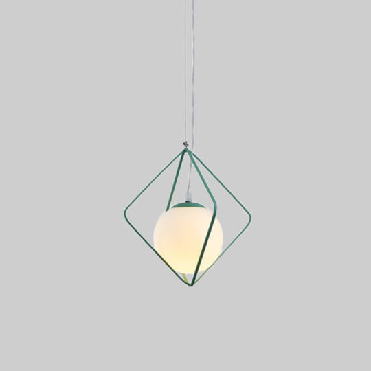 Minimalist Green/Grey Rhombus Cage Pendant Light With Milk Glass Ball Shade Inside