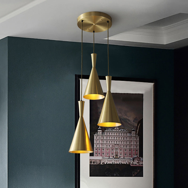 Cluster Horn Pendant Antiqued Metal Hanging Lamp With Black/Gold Finish - 3 Lights For Kitchen