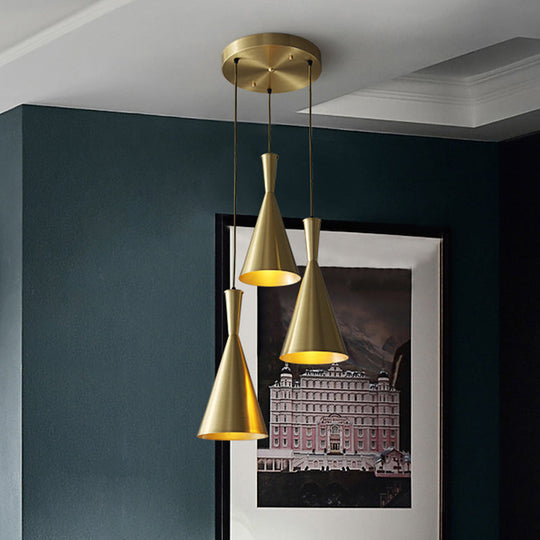 Cluster Horn Pendant Antiqued Metal Hanging Lamp With Black/Gold Finish - 3 Lights For Kitchen