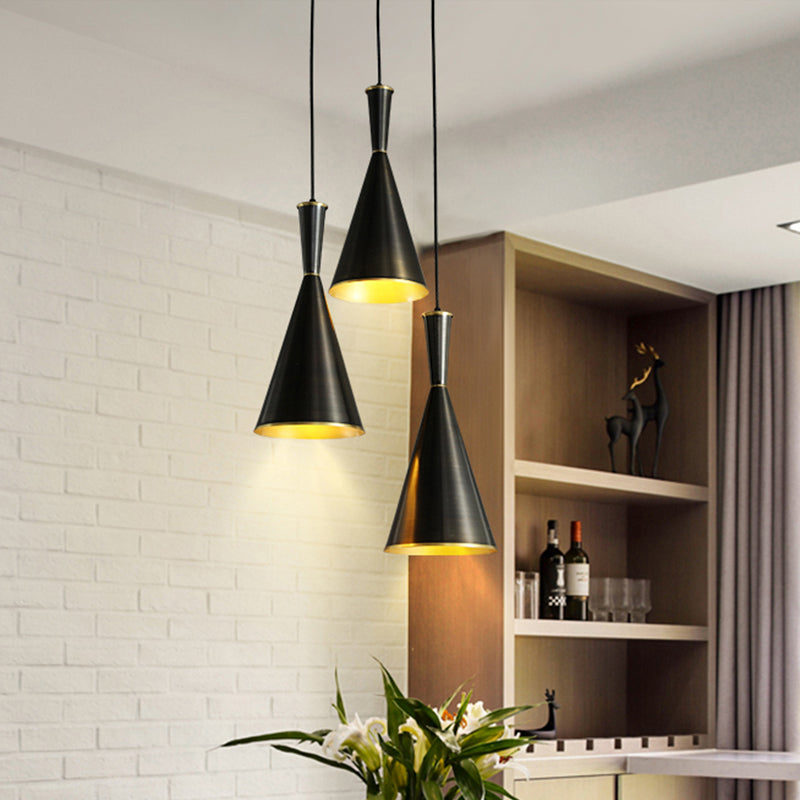 Cluster Horn Pendant Antiqued Metal Hanging Lamp With Black/Gold Finish - 3 Lights For Kitchen