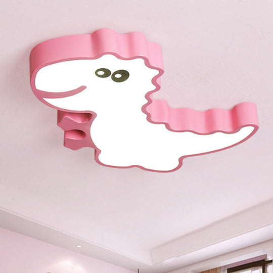 Dinosaur Flush Mount Light for Kids - Iron White/Pink/Green LED Ceiling Fixture for Children's Bedroom