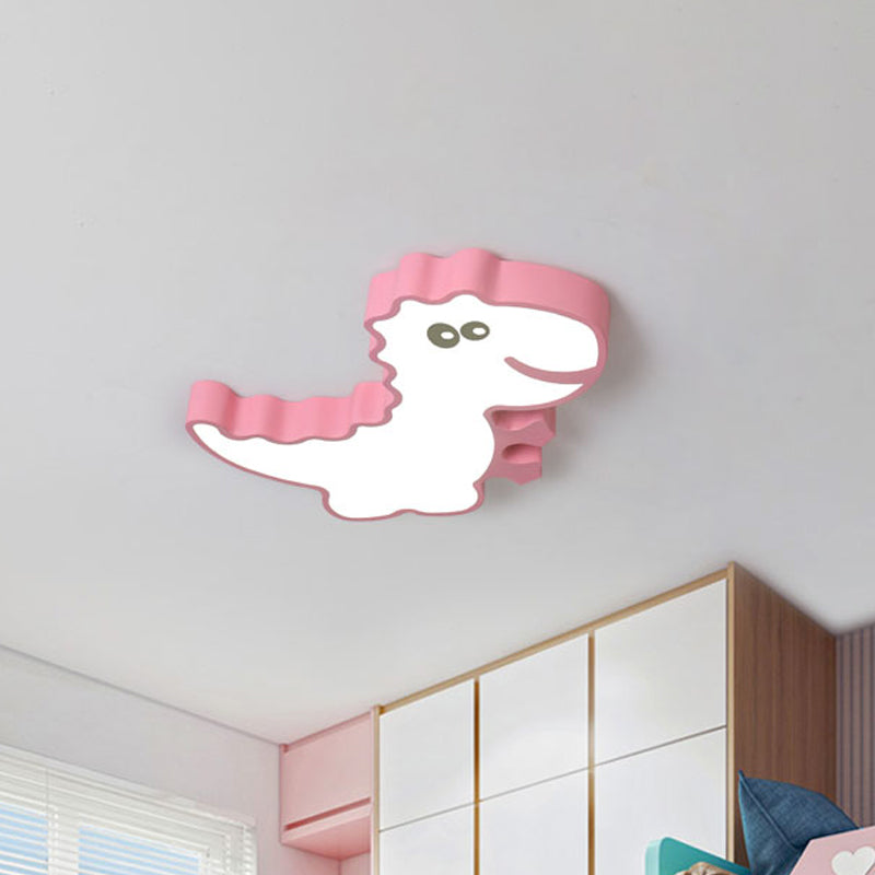 Dinosaur Flush Mount Light for Kids - Iron White/Pink/Green LED Ceiling Fixture for Children's Bedroom