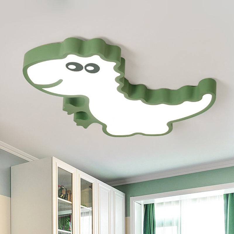 Dinosaur Flush Mount Light for Kids - Iron White/Pink/Green LED Ceiling Fixture for Children's Bedroom
