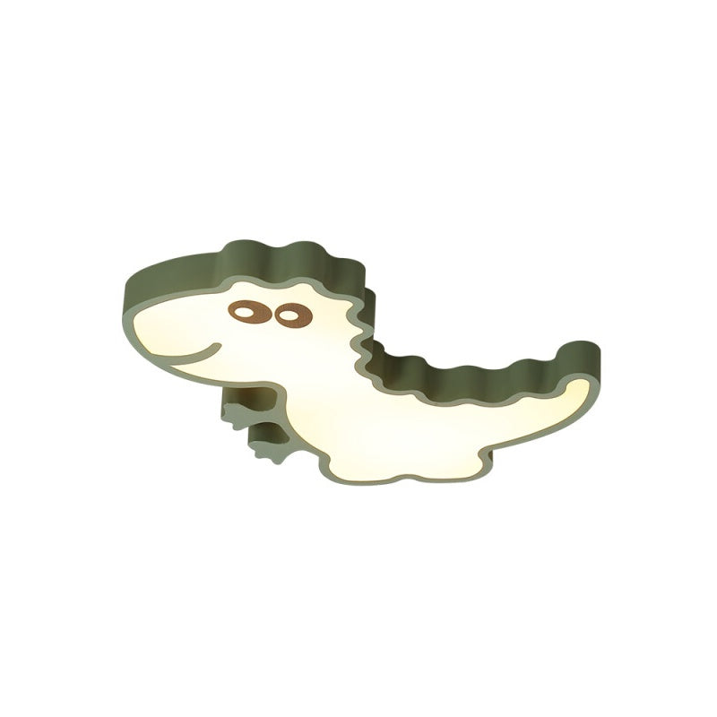 Dinosaur Flush Mount Light For Kids - Iron White/Pink/Green Led Ceiling Fixture Childrens Bedroom