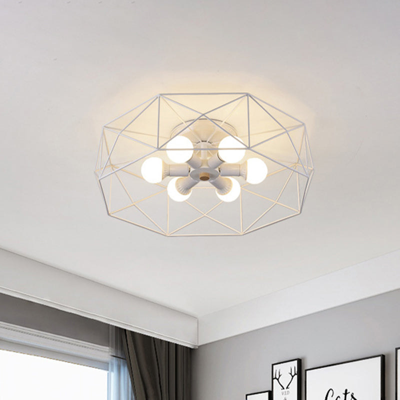 Nordic Iron Flush Mount Ceiling Light with Hexagon Cage | White| 3/6 Bare Bulb-Lit Fixtures