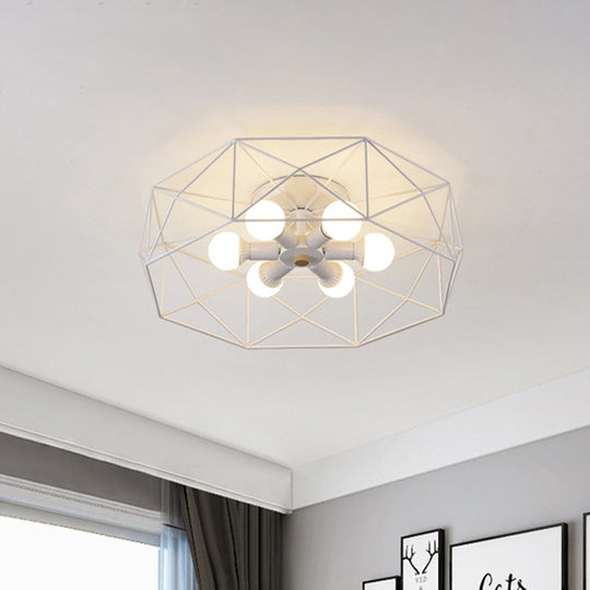 Nordic Iron Flush Mount Ceiling Light with Hexagon Cage | White| 3/6 Bare Bulb-Lit Fixtures