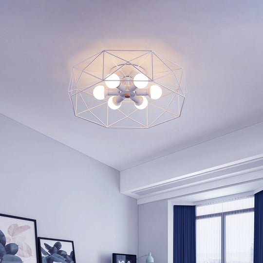 Nordic Iron Flush Mount Ceiling Light with Hexagon Cage | White| 3/6 Bare Bulb-Lit Fixtures