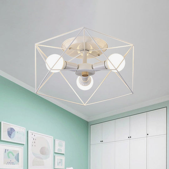 Nordic Iron Flush Mount Ceiling Light with Hexagon Cage | White| 3/6 Bare Bulb-Lit Fixtures
