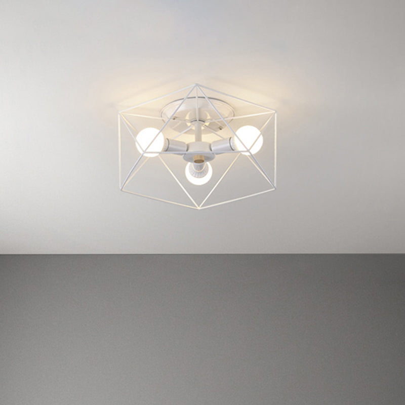 Nordic Iron Flush Mount Ceiling Light with Hexagon Cage | White| 3/6 Bare Bulb-Lit Fixtures