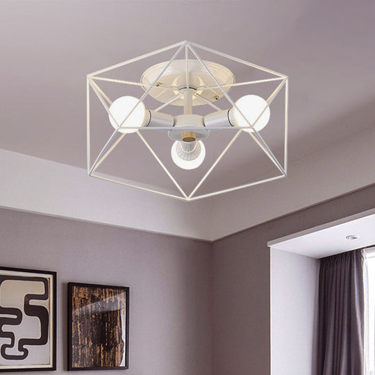 Nordic Iron Flush Mount Ceiling Light with Hexagon Cage | White| 3/6 Bare Bulb-Lit Fixtures