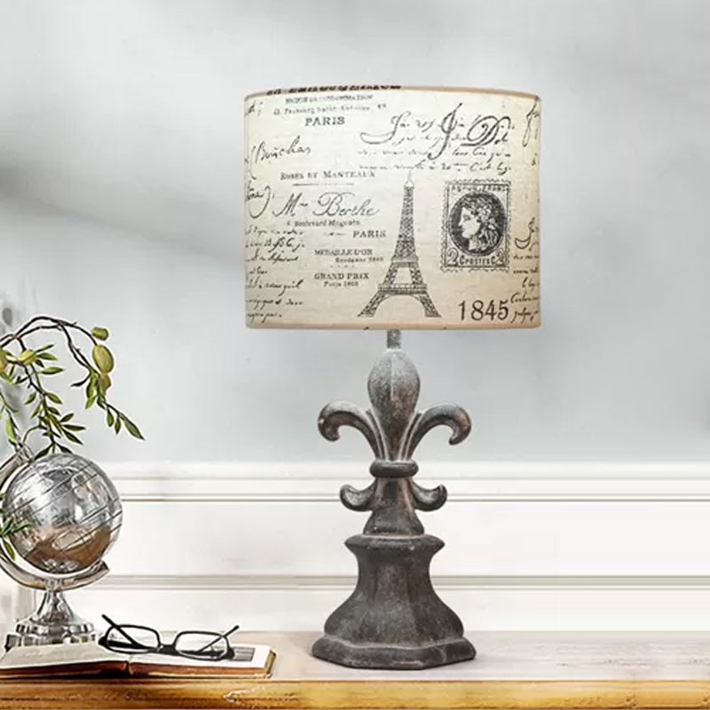 Drum Living Room Table Light: Country Fabric 1-Light Beige Script Print Desk Lamp With Resin Etched