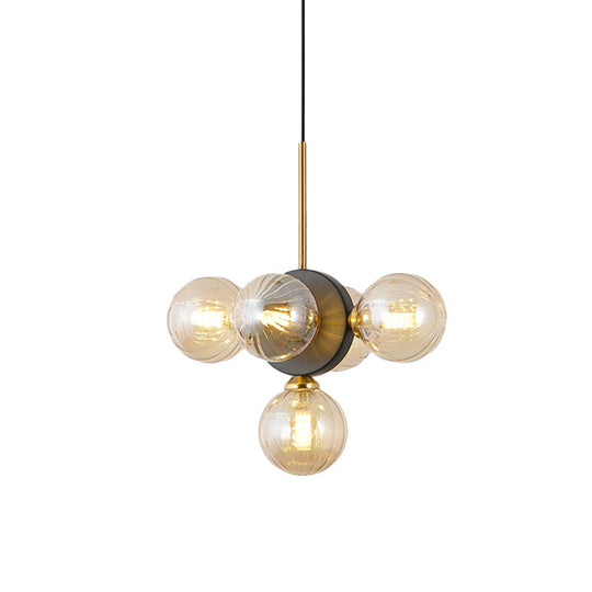 Mid Century White/Amber Glass Chandelier Pendant - Orbs Restaurant Ceiling Lamp 5 Lights Burst