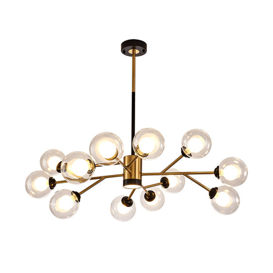 Stylish Postmodern Clear Glass Orb Chandelier - Branching Design 12 Bulbs Black-Gold Pendant Lamp
